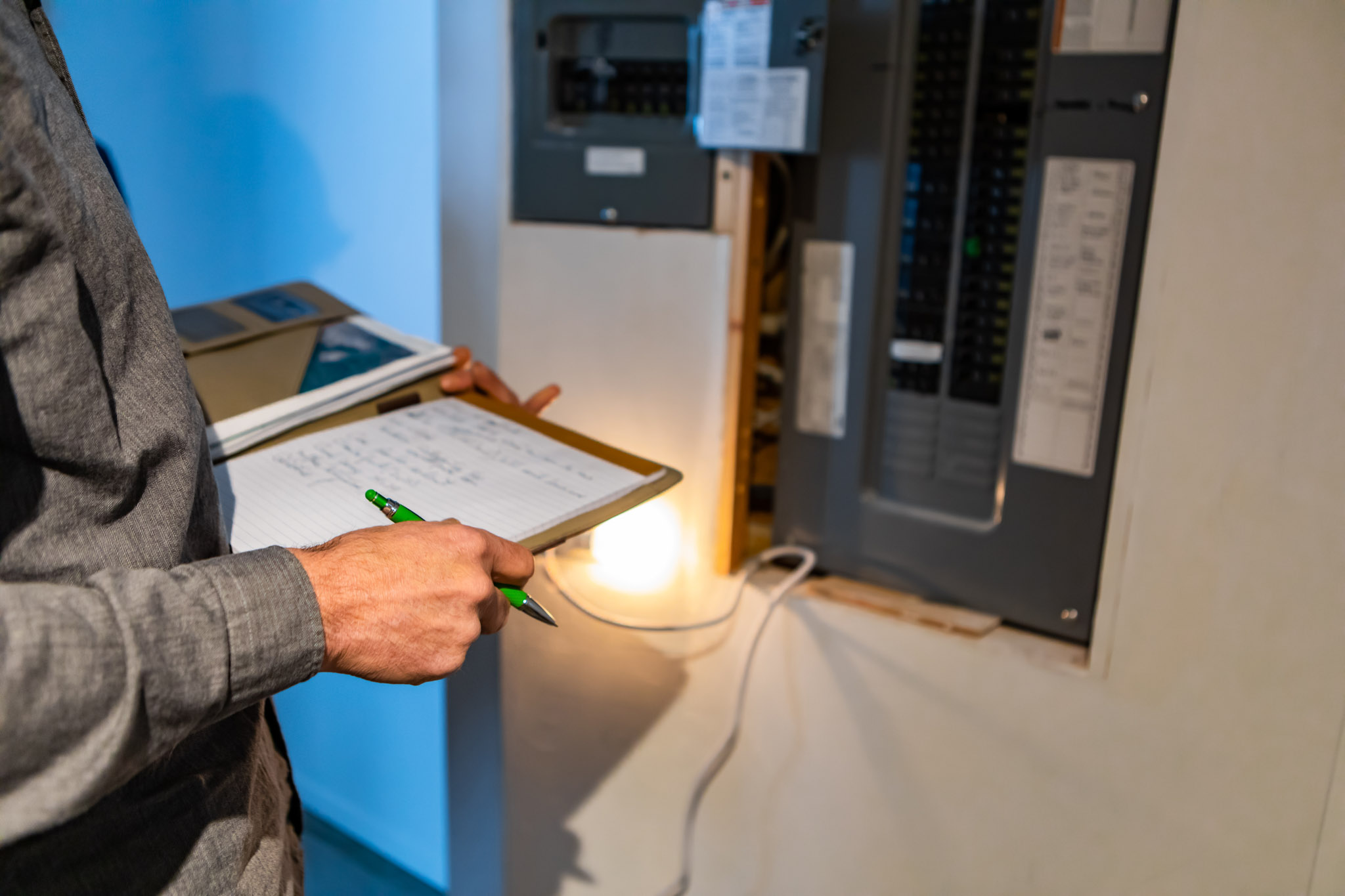 A service technician inspecting electrical panels on a home property.